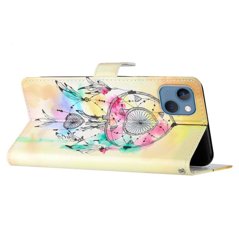 Capa Flip Para iPhone 15 Plus De Cordão Apanhador De Sonhos Aquarela Com Alça