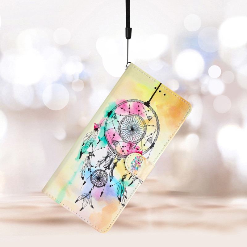 Capa Flip Para iPhone 15 Plus De Cordão Apanhador De Sonhos Aquarela Com Alça