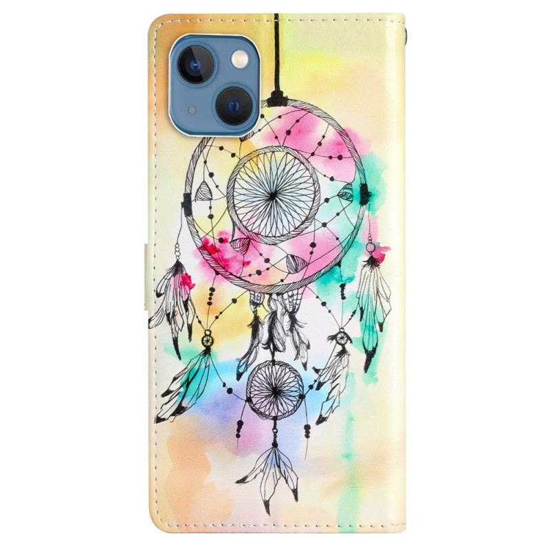 Capa Flip Para iPhone 15 Plus De Cordão Apanhador De Sonhos Aquarela Com Alça