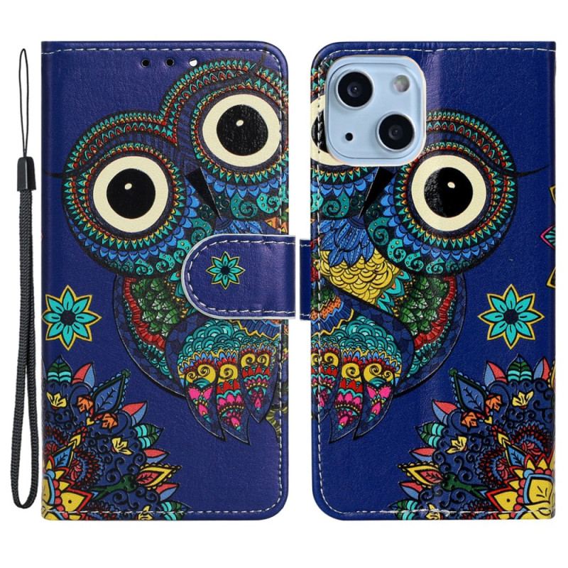 Capa Flip Para iPhone 15 Plus De Cordão Coruja Tribal Com Alça