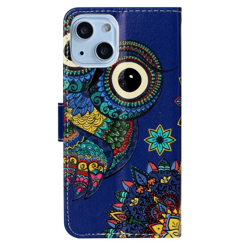 Capa Flip Para iPhone 15 Plus De Cordão Coruja Tribal Com Alça