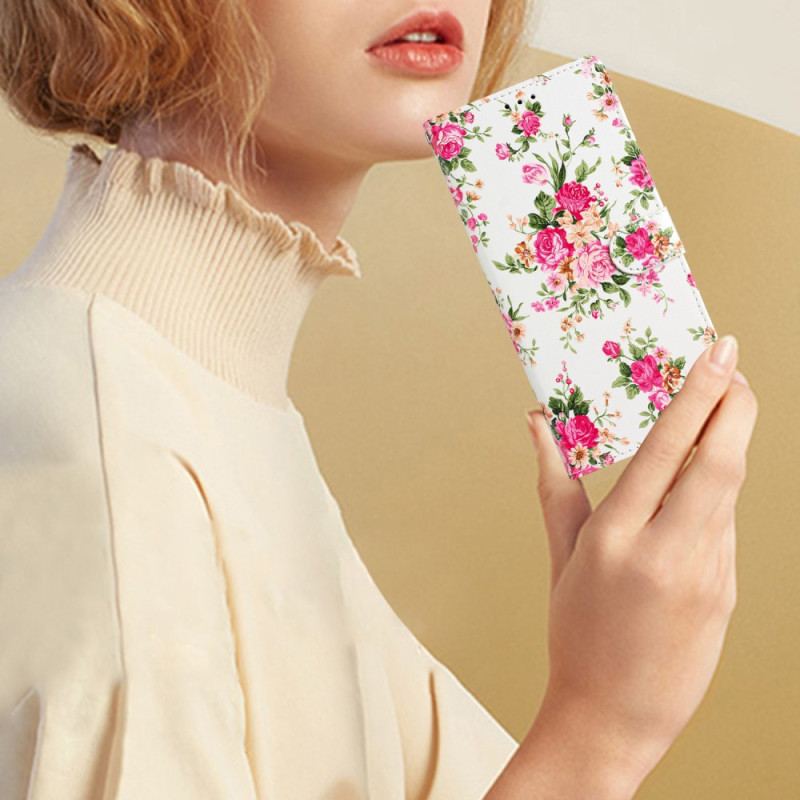 Capa Flip Para iPhone 15 Plus De Cordão Flores Com Alça