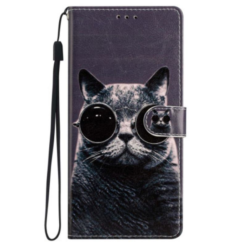 Capa Flip Para iPhone 15 Plus De Cordão Gato Com Óculos De Alça