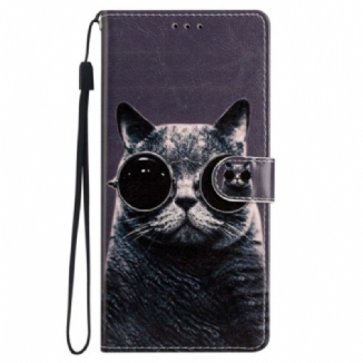 Capa Flip Para iPhone 15 Plus De Cordão Gato Com Óculos De Alça