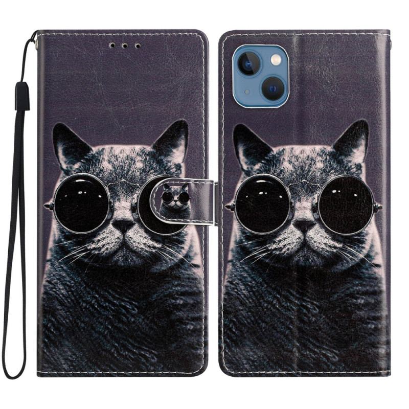 Capa Flip Para iPhone 15 Plus De Cordão Gato Com Óculos De Alça