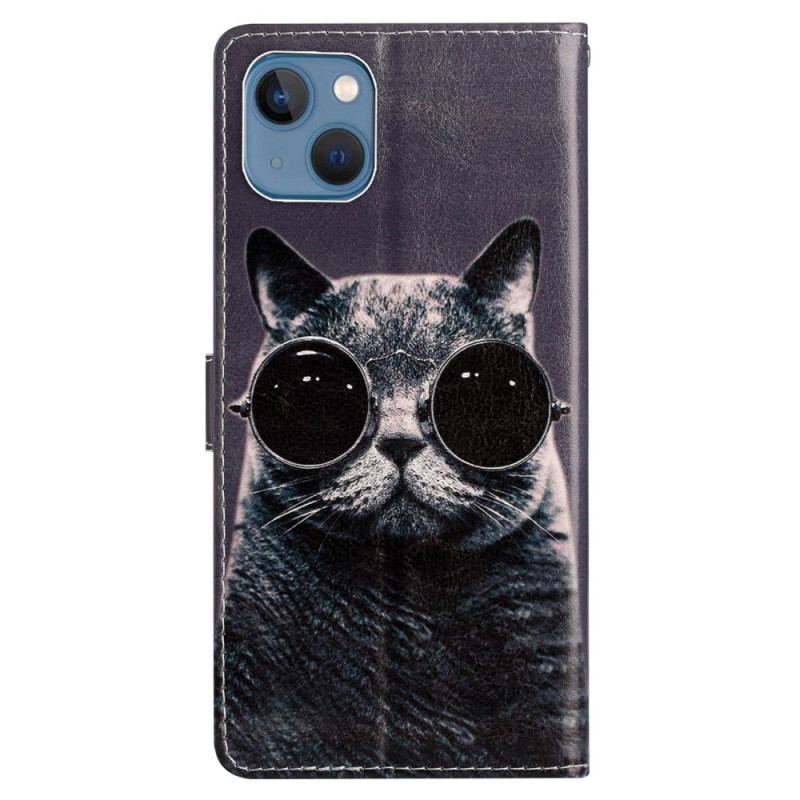 Capa Flip Para iPhone 15 Plus De Cordão Gato Com Óculos De Alça