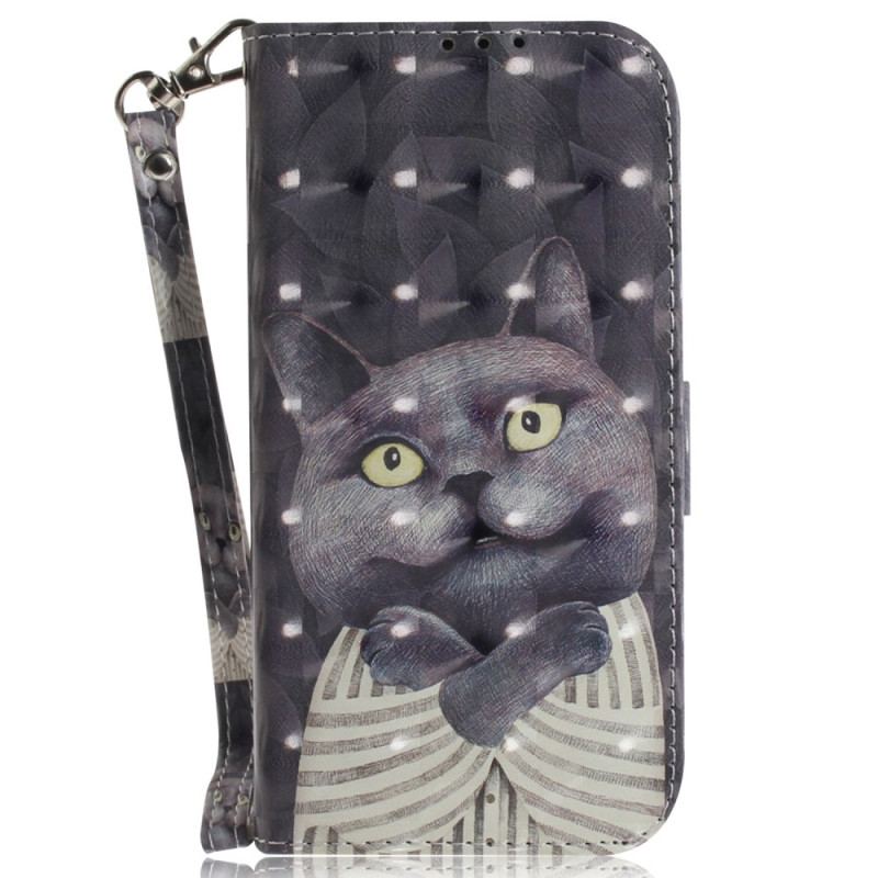 Capa Flip Para iPhone 15 Plus De Cordão Gato Gráfico Com Cordão