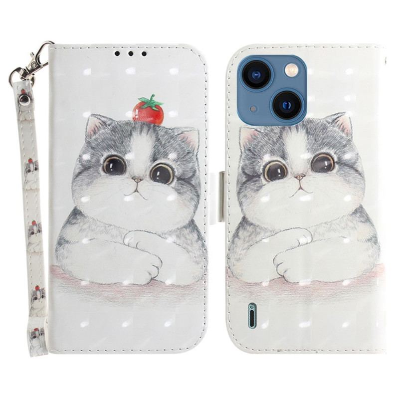 Capa Flip Para iPhone 15 Plus De Cordão Gato Gráfico Com Cordão