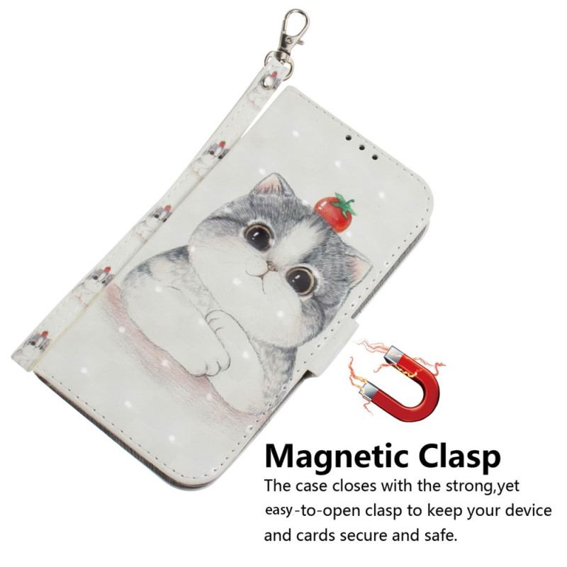 Capa Flip Para iPhone 15 Plus De Cordão Gato Gráfico Com Cordão