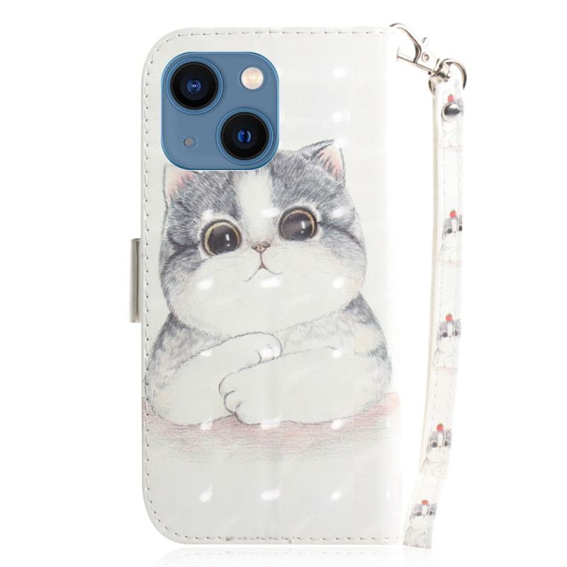 Capa Flip Para iPhone 15 Plus De Cordão Gato Gráfico Com Cordão