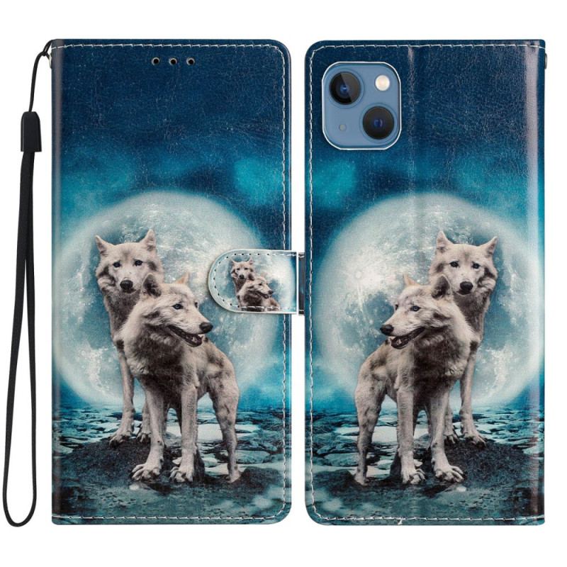 Capa Flip Para iPhone 15 Plus De Cordão Lobos De Cordão