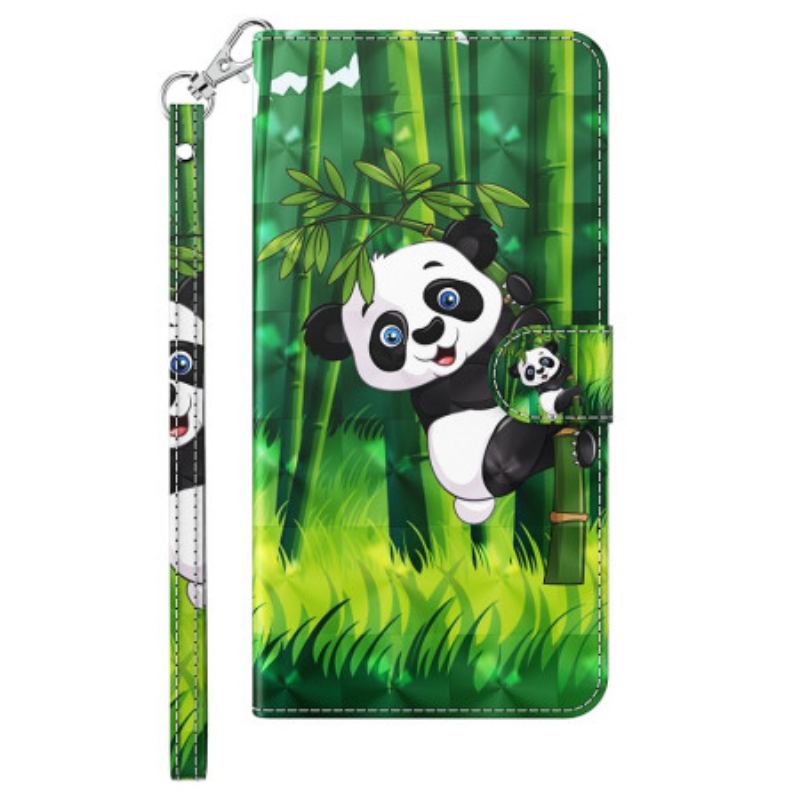 Capa Flip Para iPhone 15 Plus De Cordão Panda De Bambu 3d Com Alça