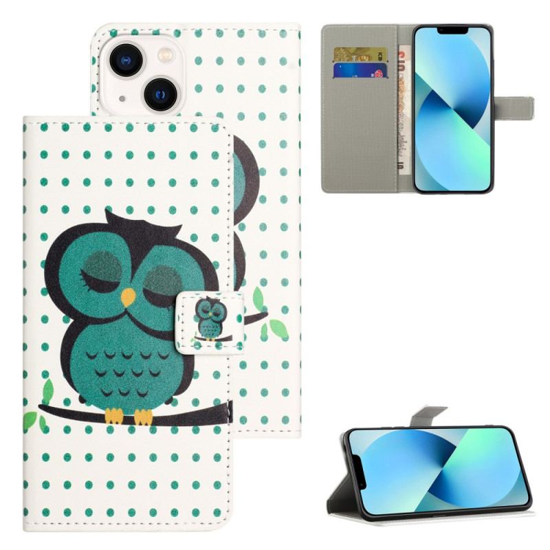 Capa Flip Para iPhone 15 Plus Coruja Adormecida