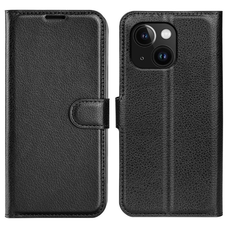 Capa Flip Para iPhone 15 Plus Couro Sintético Clássico De Lichia