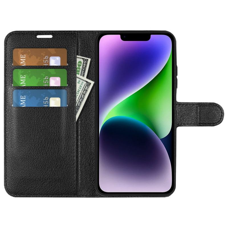 Capa Flip Para iPhone 15 Plus Couro Sintético Clássico De Lichia