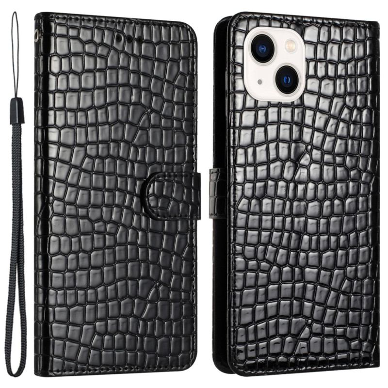 Capa Flip Para iPhone 15 Plus Estilo Crocodilo Com Alça