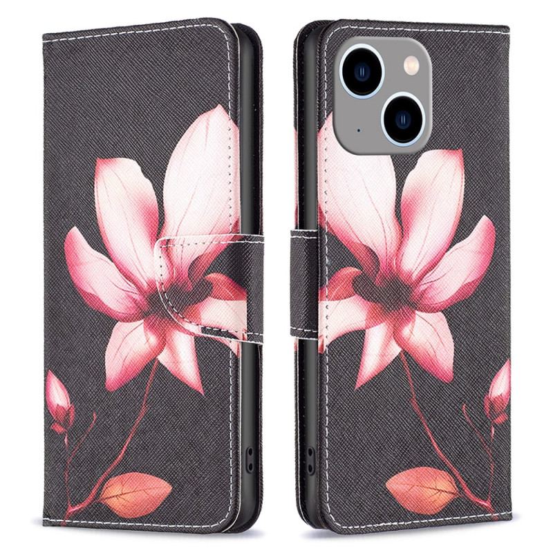 Capa Flip Para iPhone 15 Plus Flor Rosa