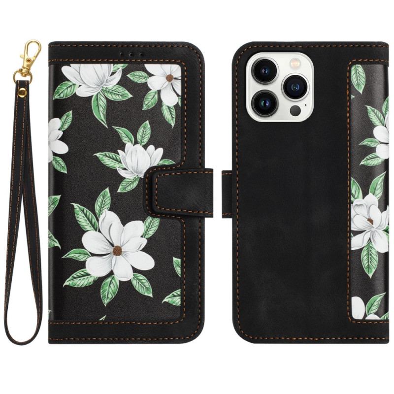 Capa Flip Para iPhone 15 Plus Flores Luxuosas