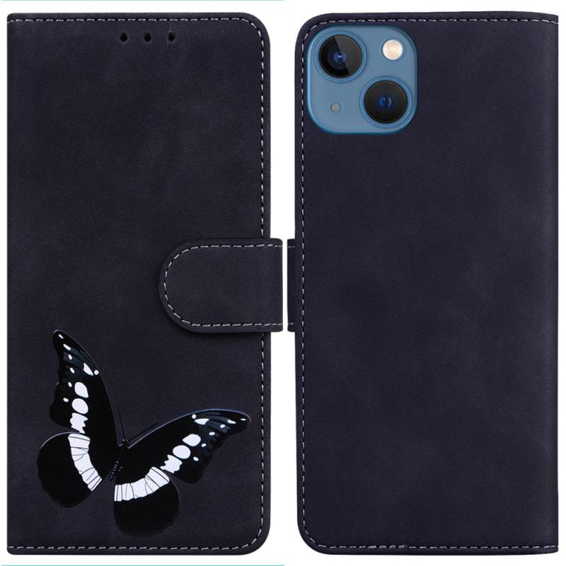 Capa Folio Para iPhone 15 Plus Borboleta De Imitação De Couro