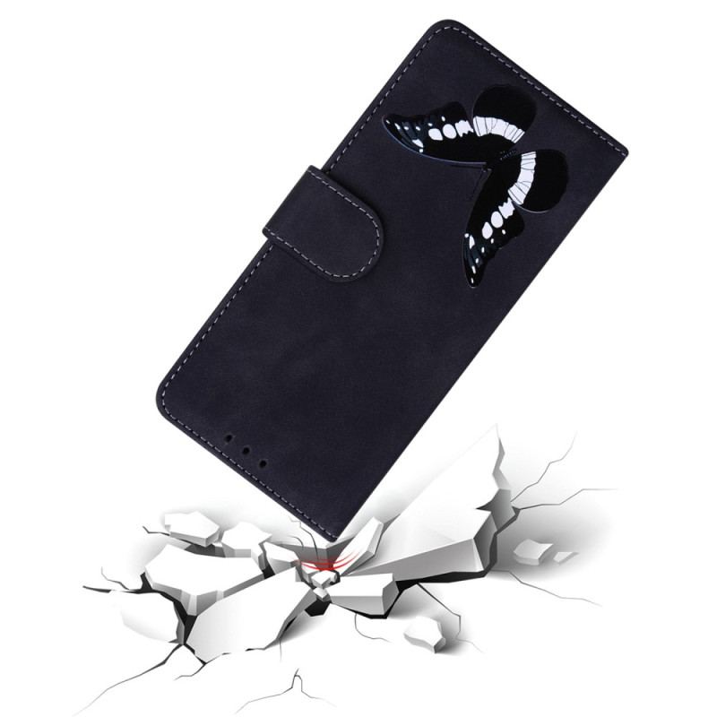 Capa Folio Para iPhone 15 Plus Borboleta De Imitação De Couro