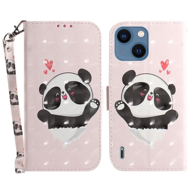 Capa Folio Para iPhone 15 Plus De Cordão Amor Panda Com Alça