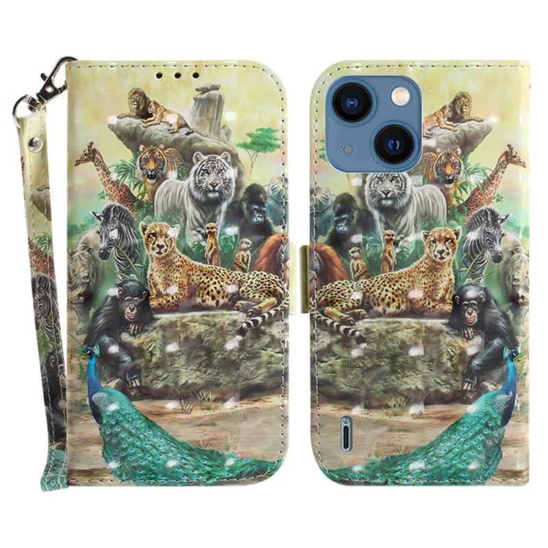 Capa Folio Para iPhone 15 Plus De Cordão Animais Safari Com Cordão