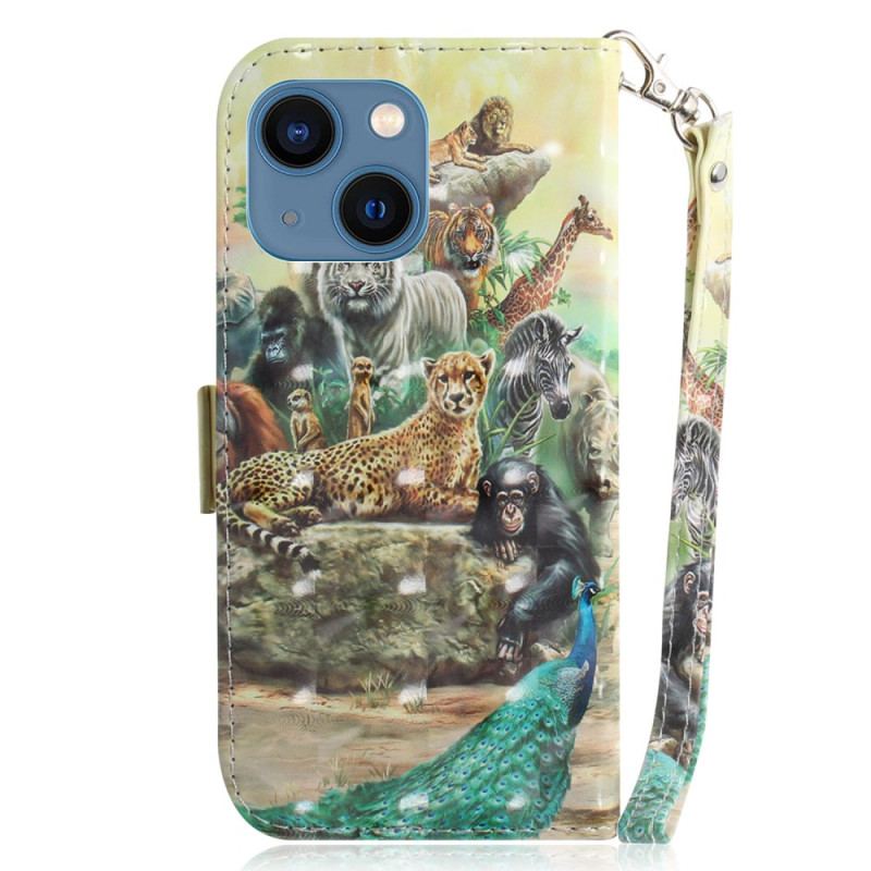 Capa Folio Para iPhone 15 Plus De Cordão Animais Safari Com Cordão