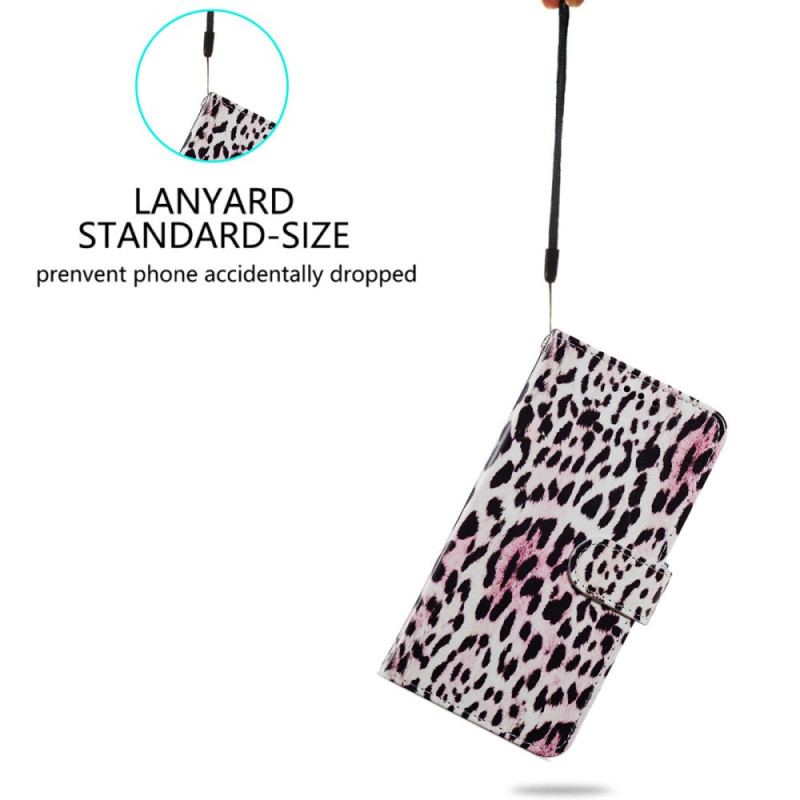 Capa Folio Para iPhone 15 Plus De Cordão Efeito Pele De Leopardo Com Alça