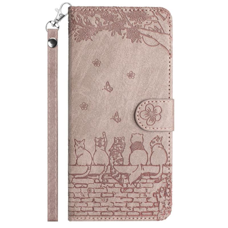 Capa Folio Para iPhone 15 Plus De Cordão Gato Floral Com Alça