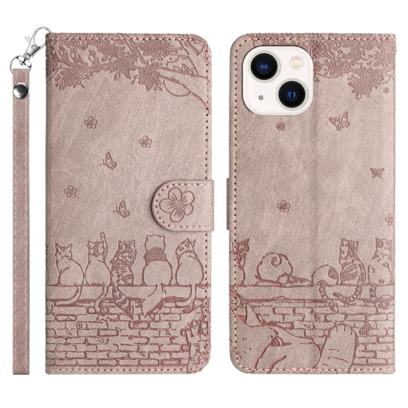 Capa Folio Para iPhone 15 Plus De Cordão Gato Floral Com Alça