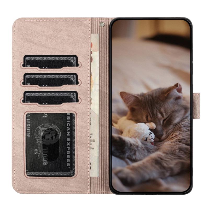 Capa Folio Para iPhone 15 Plus De Cordão Gato Floral Com Alça