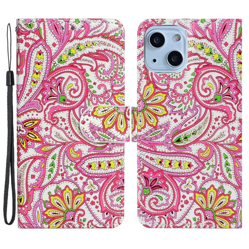 Capa Folio Para iPhone 15 Plus De Cordão Padrão Colorido Com Alça