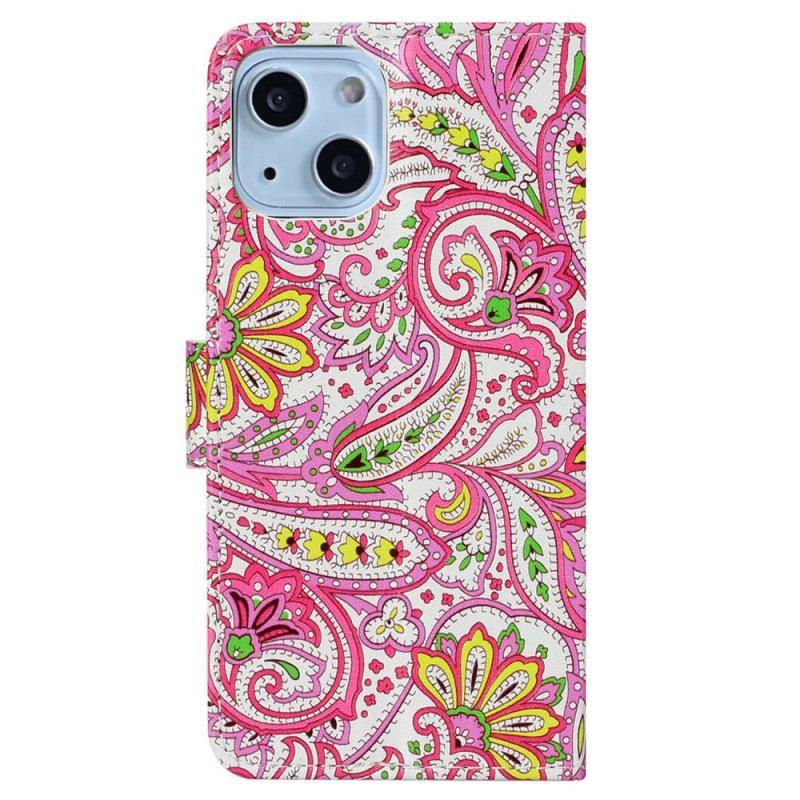 Capa Folio Para iPhone 15 Plus De Cordão Padrão Colorido Com Alça