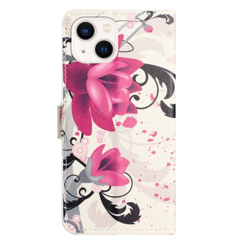 Capa Folio Para iPhone 15 Plus Flores Tropicais