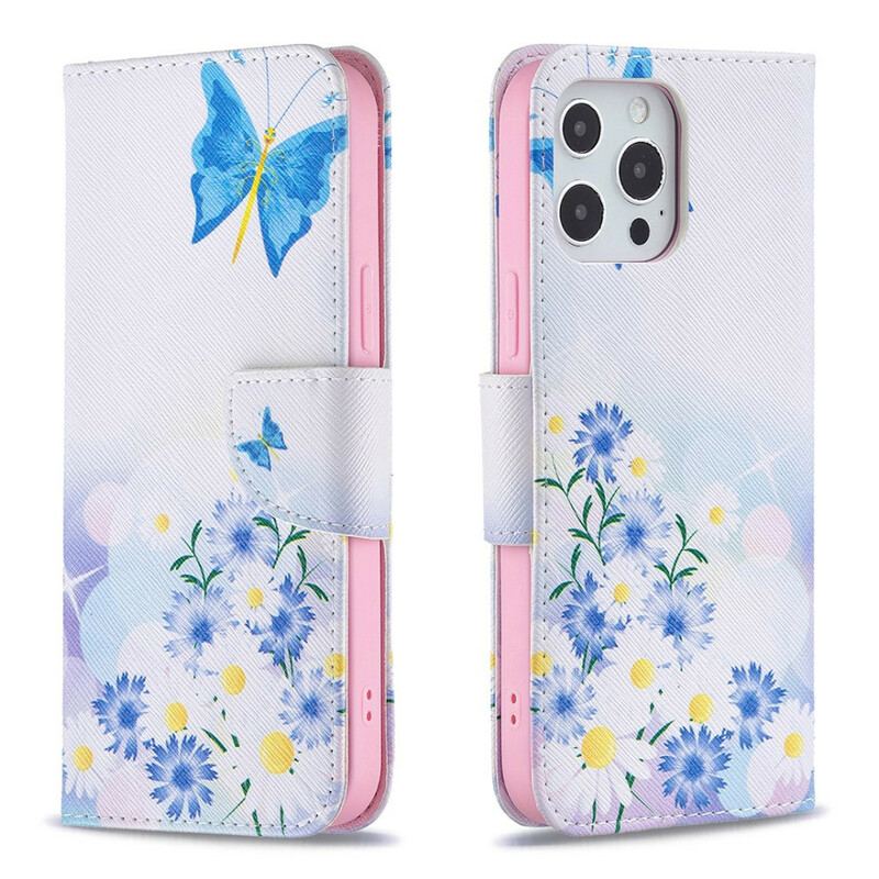 Capa De Couro Para iPhone 13 Pro Max Borboletas E Flores Pintadas