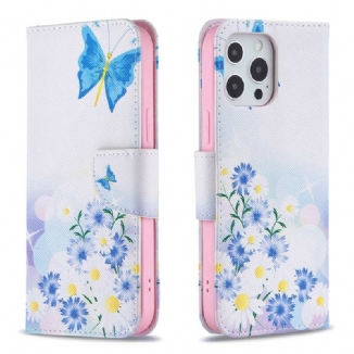 Capa De Couro Para iPhone 13 Pro Max Borboletas E Flores Pintadas