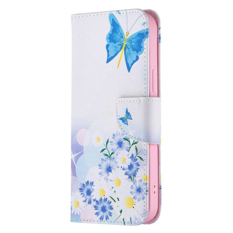 Capa De Couro Para iPhone 13 Pro Max Borboletas E Flores Pintadas