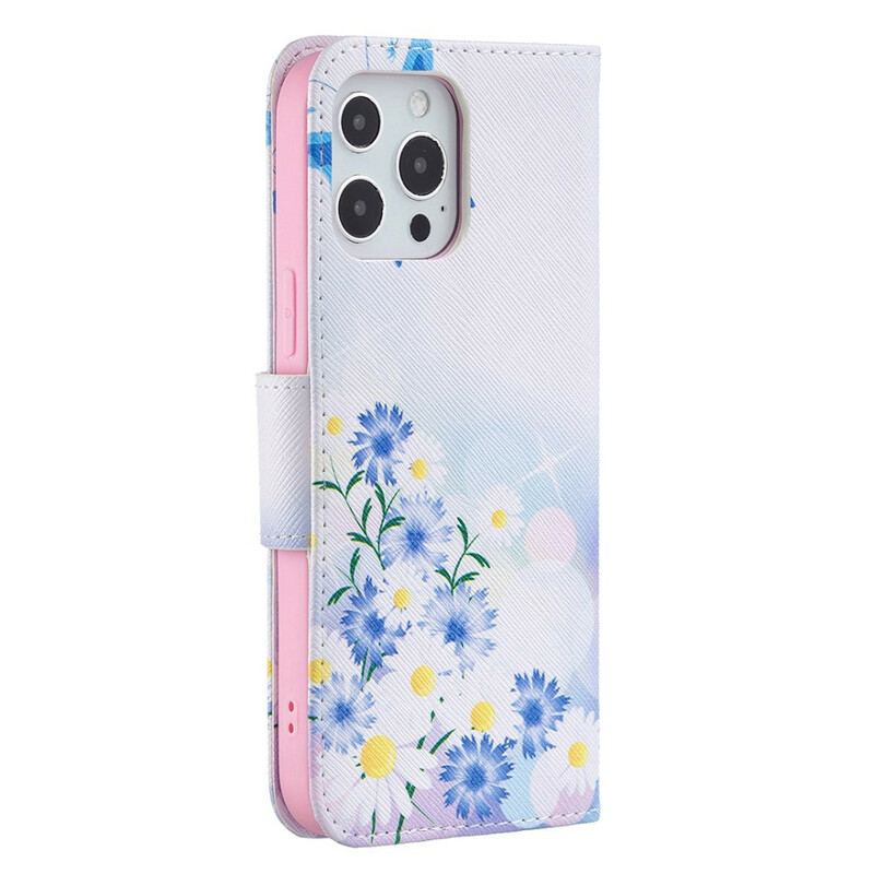 Capa De Couro Para iPhone 13 Pro Max Borboletas E Flores Pintadas