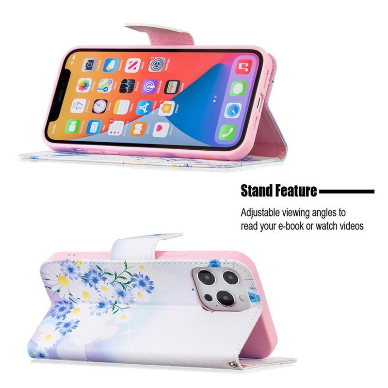 Capa De Couro Para iPhone 13 Pro Max Borboletas E Flores Pintadas