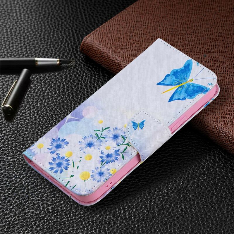 Capa De Couro Para iPhone 13 Pro Max Borboletas E Flores Pintadas