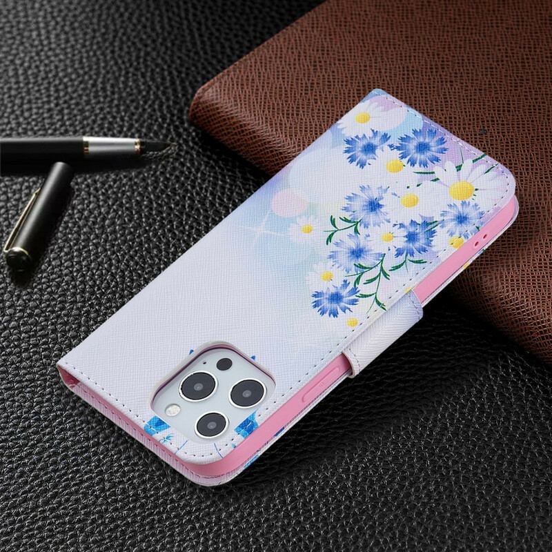 Capa De Couro Para iPhone 13 Pro Max Borboletas E Flores Pintadas