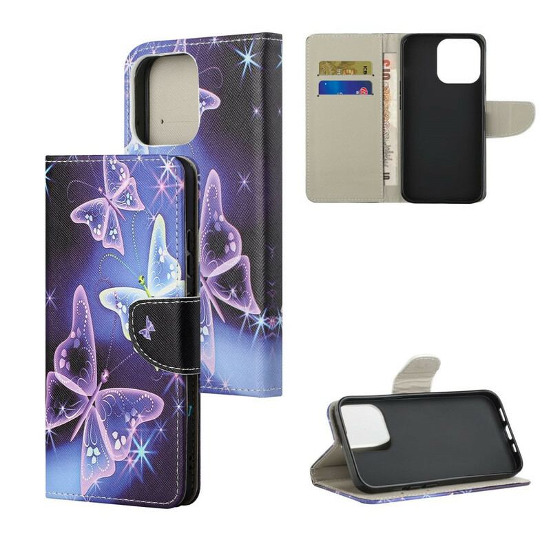 Capa De Couro Para iPhone 13 Pro Max Borboletas Modernas