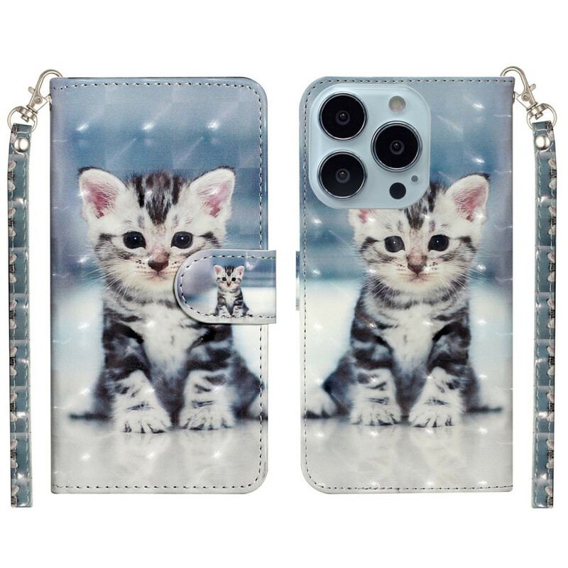 Capa De Couro Para iPhone 13 Pro Max De Cordão Pontos De Luz Gatinho Com Alça