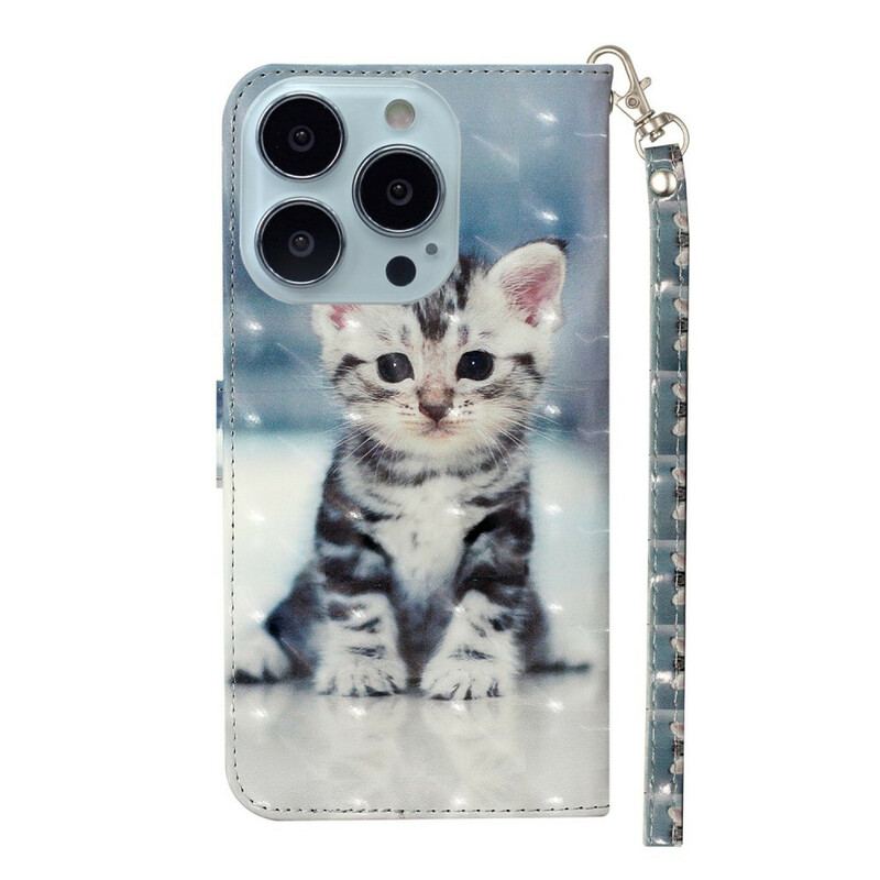 Capa De Couro Para iPhone 13 Pro Max De Cordão Pontos De Luz Gatinho Com Alça