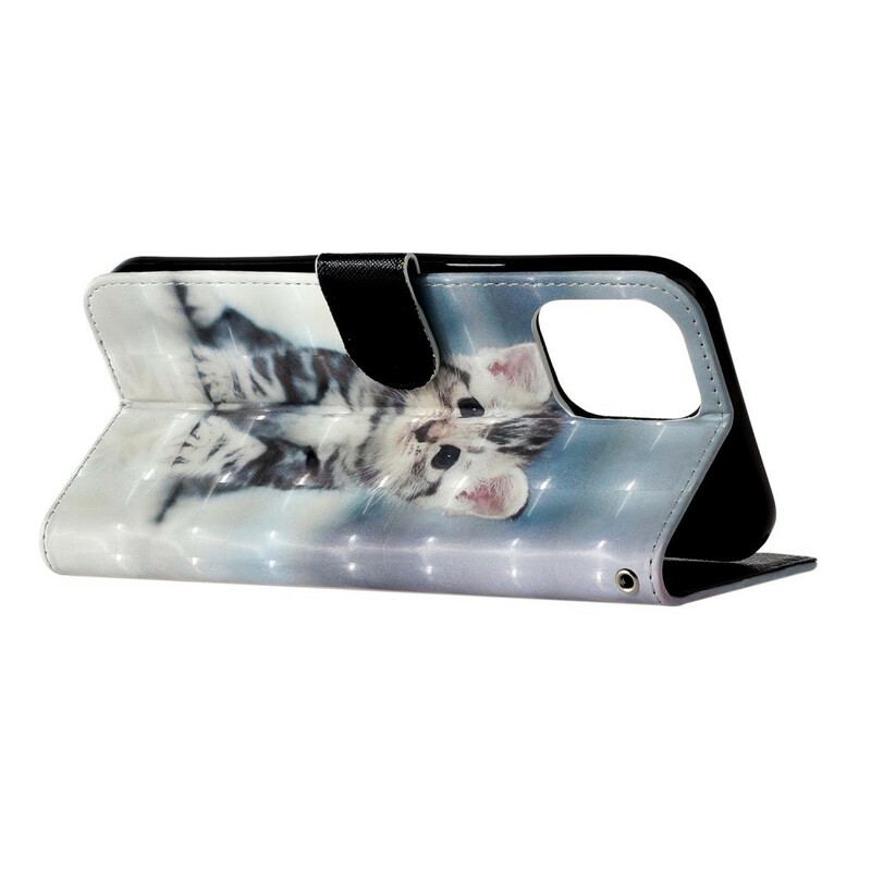 Capa De Couro Para iPhone 13 Pro Max De Cordão Pontos De Luz Gatinho Com Alça