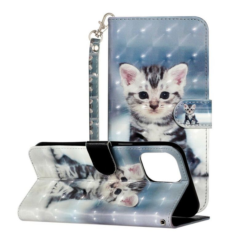 Capa De Couro Para iPhone 13 Pro Max De Cordão Pontos De Luz Gatinho Com Alça