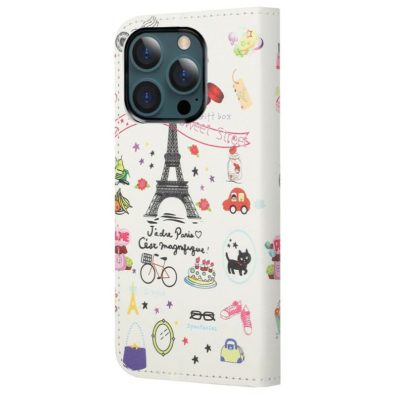 Capa De Couro Para iPhone 13 Pro Max Eu Amo Paris