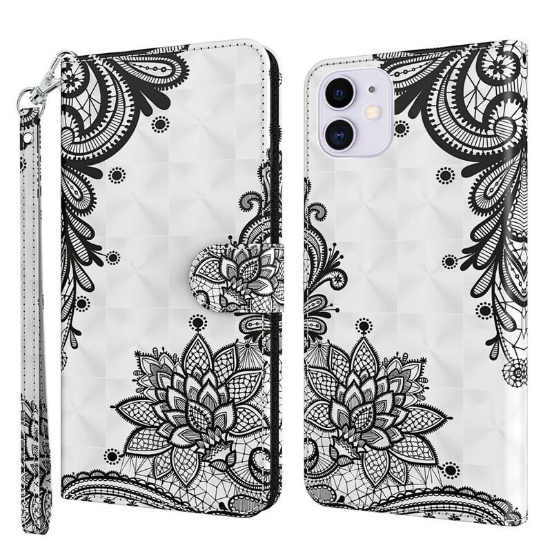 Capa De Couro Para iPhone 13 Pro Max Flores De Renda