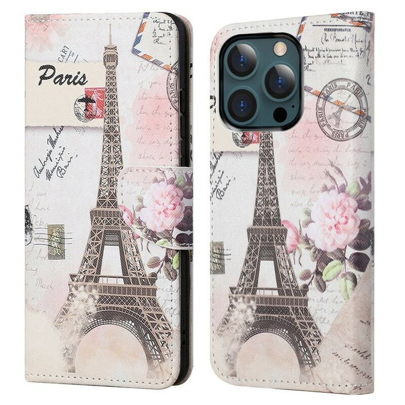 Capa De Couro Para iPhone 13 Pro Max Torre Eiffel Retrô