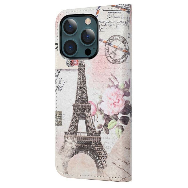 Capa De Couro Para iPhone 13 Pro Max Torre Eiffel Retrô